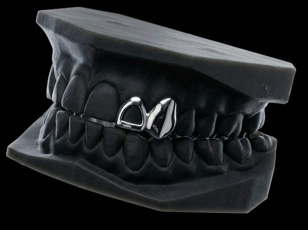 Iced canine paired with a window lateral incisor in silver