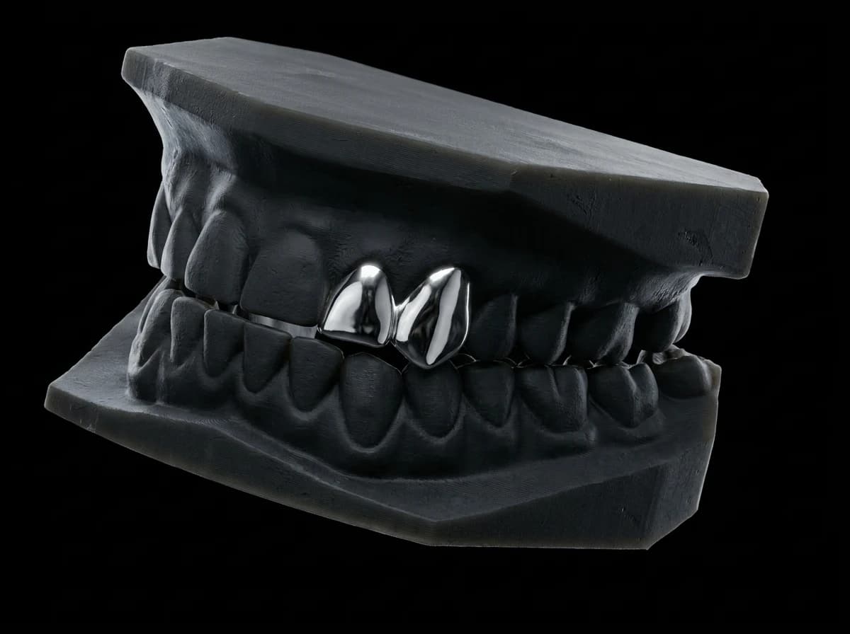 Double caps — two solid silver caps on the canine and lateral incisor