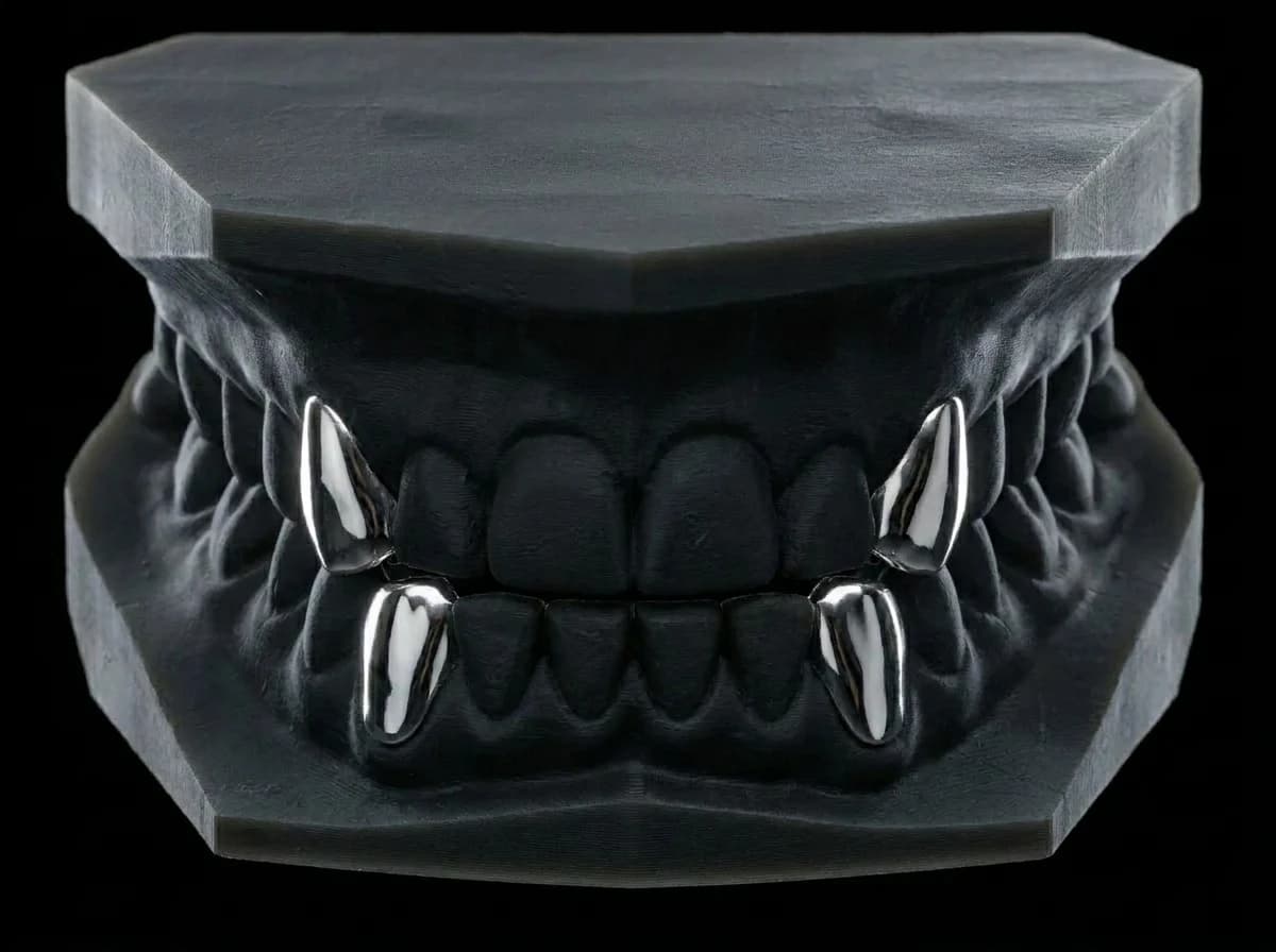 Fangs — solid silver caps on all four canines