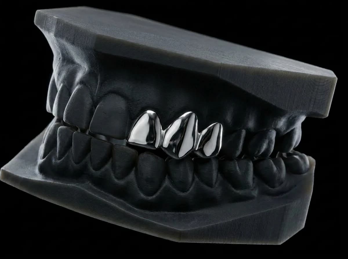 Three silver caps — lateral incisor, canine, and first premolar