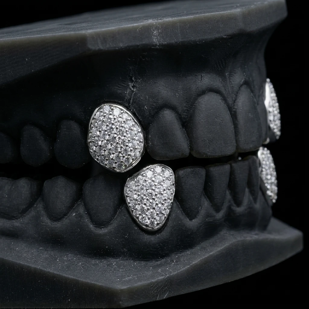 Iced Fangs — stone-set caps on upper and lower canines