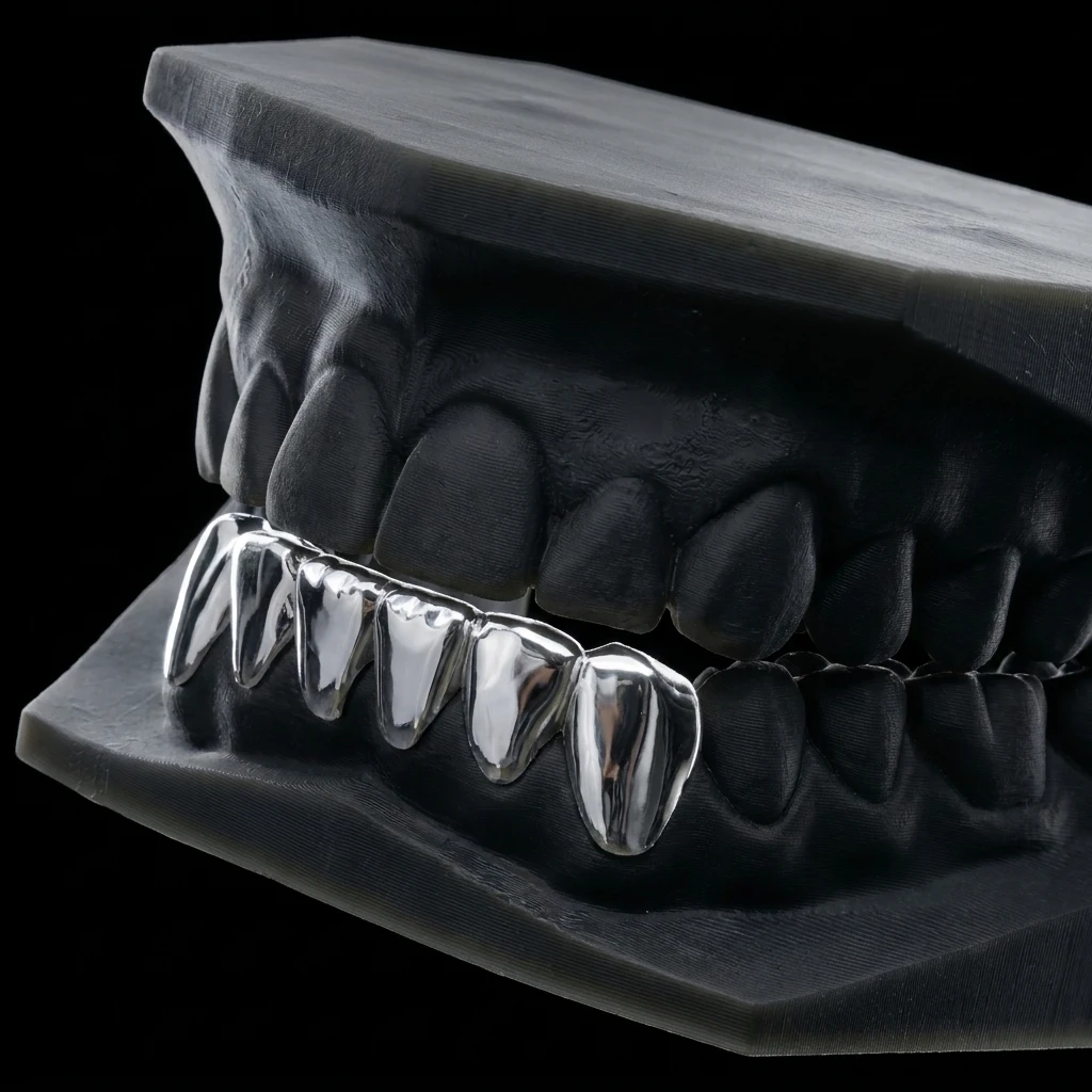 Bottom 6 set — solid silver caps, canine to canine on the lower arch