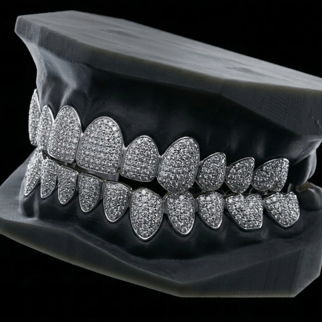 Full Set Iced — stone-set solid caps across both arches