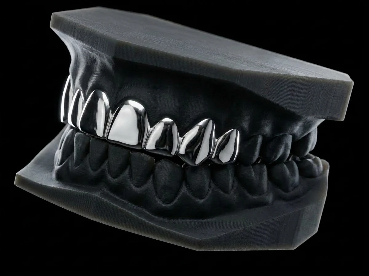 Top 8 set — eight solid silver caps across the upper arch