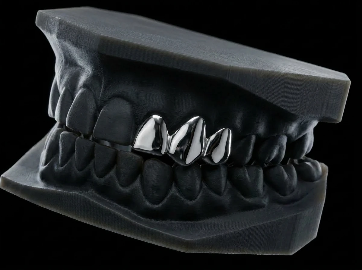 Three silver caps — lateral incisor, canine, and first premolar